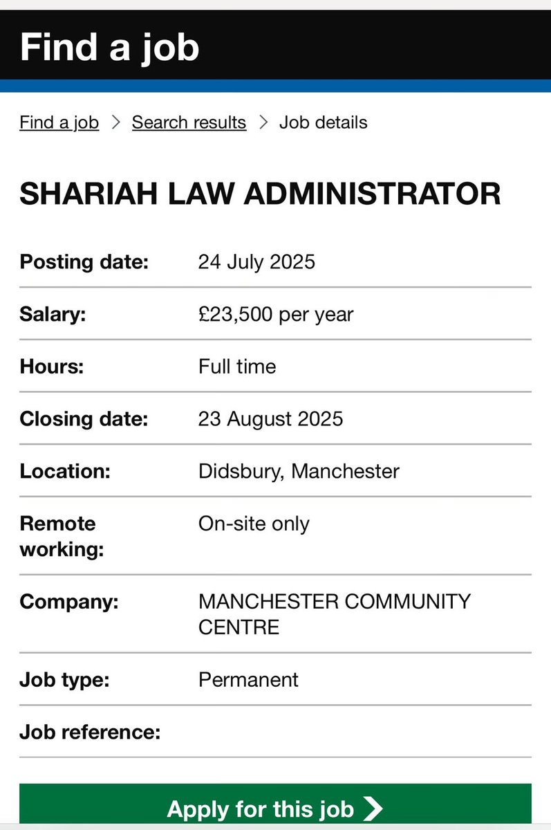 Truthisours's tweet image. The advertisement for a Sharia law enforcement job in Didsbury is not just illegal—it’s a direct challenge to the UK’s legal framework, which is grounded in common law and ensures equal rights for all. Sharia courts lack any legal authority in the UK; their rulings are…