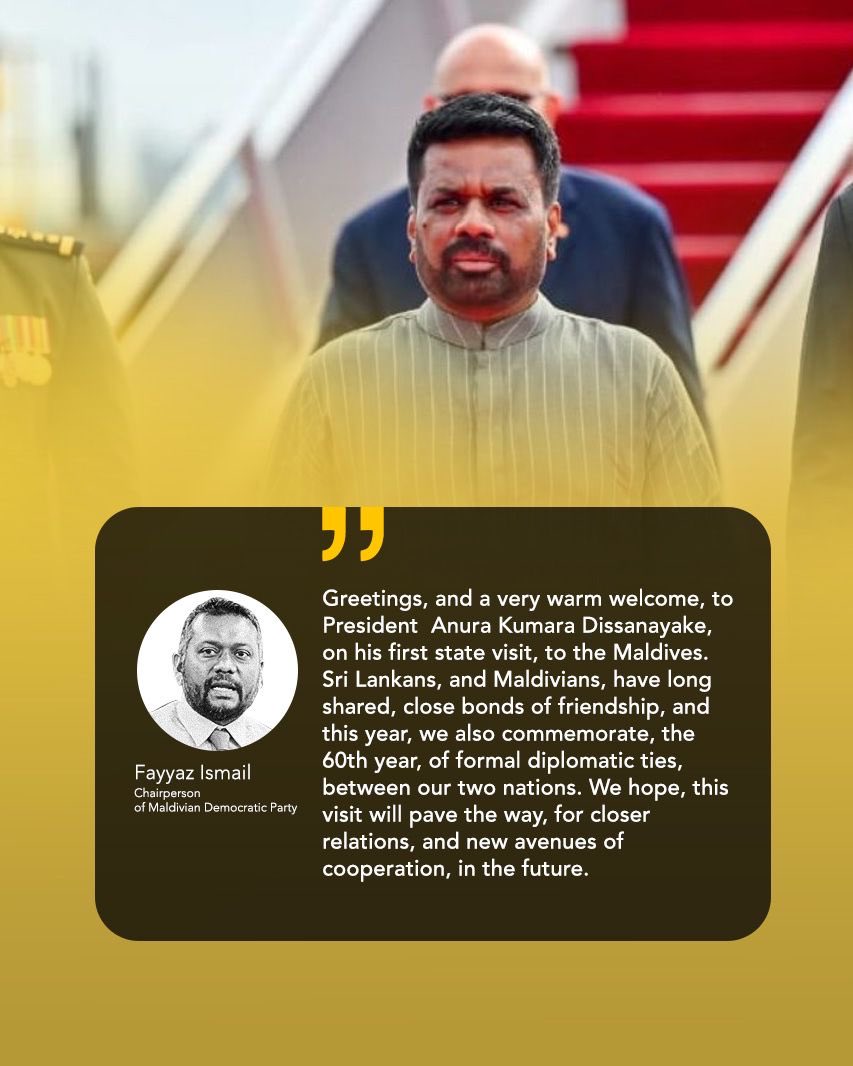 Abdulla Saneef (@saneefabdulla) on Twitter photo Opposition Leader <a href="/faya_i/">Fayyaz Ismail</a> welcomes President of the Democratic Socialist Republic of Sri Lanka <a href="/anuradisanayake/">Anura Kumara Dissanayake</a>, celebrating 60 years of Maldives–Sri Lanka ties and calling for deeper cooperation.
🇲🇻🤝🇱🇰
#MaldivesSriLanka Opposition Leader <a href="/faya_i/">Fayyaz Ismail</a> welcomes President of the Democratic Socialist Republic of Sri Lanka <a href="/anuradisanayake/">Anura Kumara Dissanayake</a>, celebrating 60 years of Maldives–Sri Lanka ties and calling for deeper cooperation.
🇲🇻🤝🇱🇰
#MaldivesSriLanka