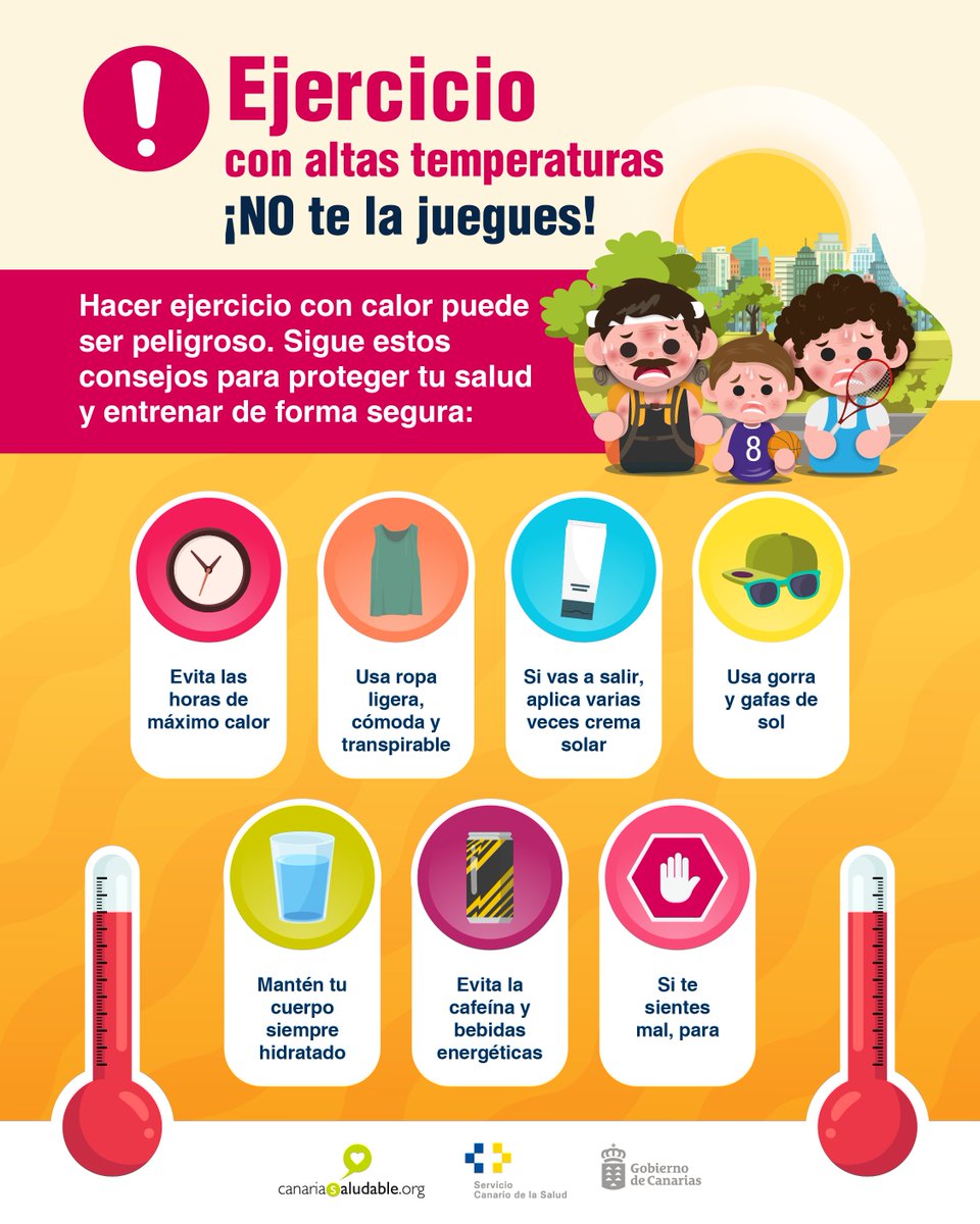 CanSaludable's tweet image. #EjercicioAltasTemperaturas🥵🌡️
Si piensas practicar #ActividadFísica con altas temperaturas🏃🏃, sigue estos tips✅
#EvitarHorasCalorb #RopaLigera #ProtectorSolar 🧴#Gorra 🧢#GafasSol🕶️#Hidratación
Para más información:
bit.ly/3TCnJYh
@SanidadGobCan @PresiCan
