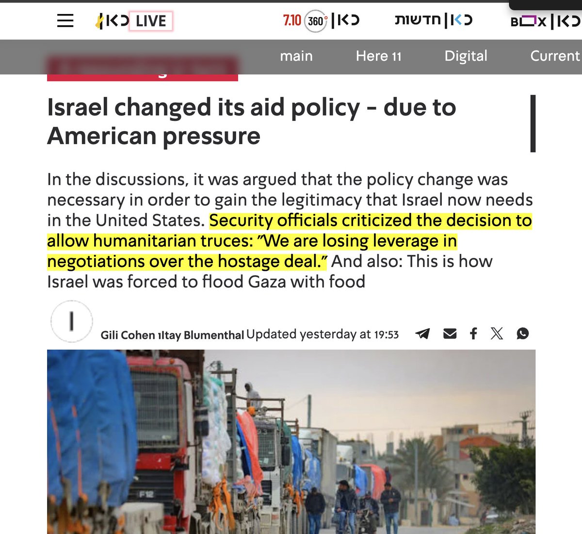 🚨Israeli officials admit they've been deliberately starving Gaza to death "as leverage in negotiations"

They are now criticizing the slightest chance of food going to Gaza as a move that'd take away their key "leverage".