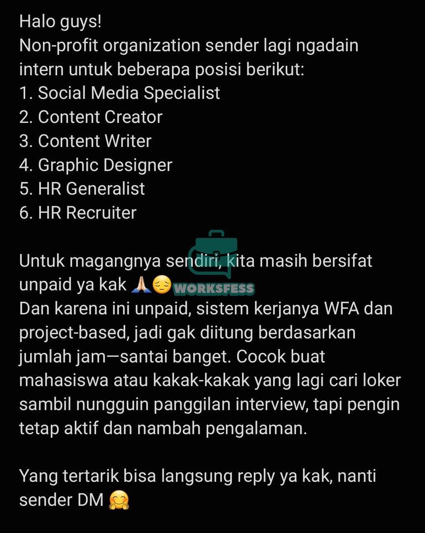worksfess's tweet image. Buat kakak2 semua yg masih mahasiswa, freshgrad, atau yg masih cari2 peruntungan, bisa banget daftar! Kalau tertarik langsung reply aja nanti sender DM ya, work!
