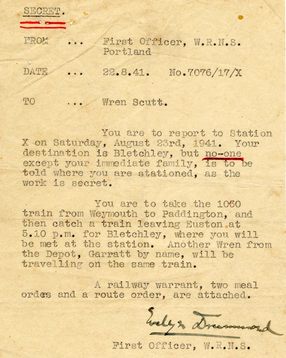 bletchleypark's tweet photo. "no one except your immediate family is to be told where you are stationed” This letter received by Daphne Scutt (later Aston) calls her to an important top-secret role at Station X, now known as Bletchley Park.   

From August 1941 to 1942, she served at Bletchley Park in Hut 11. Continuing her vital work at Stanmore Outstation as Bombe operator (1942–1944), and later in Colombo (1944–1945).  

#BletchleyPark #WWII #WomensHistory #Codebreaking #TopSecret #HistoryUncovered