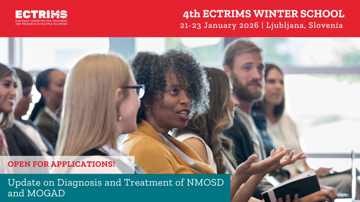 ECTRIMS's tweet image. Open for applications!
The 4th ECTRIMS Winter School in January 2026 will focus on advances in the diagnosis and treatment of #NMOSD and #MOGAD.
Learn more about the programme 👉 bit.ly/3SjqKwI
Application deadline: 1 Sept 2025
#ECTRIMSNextGen #MSResearch
