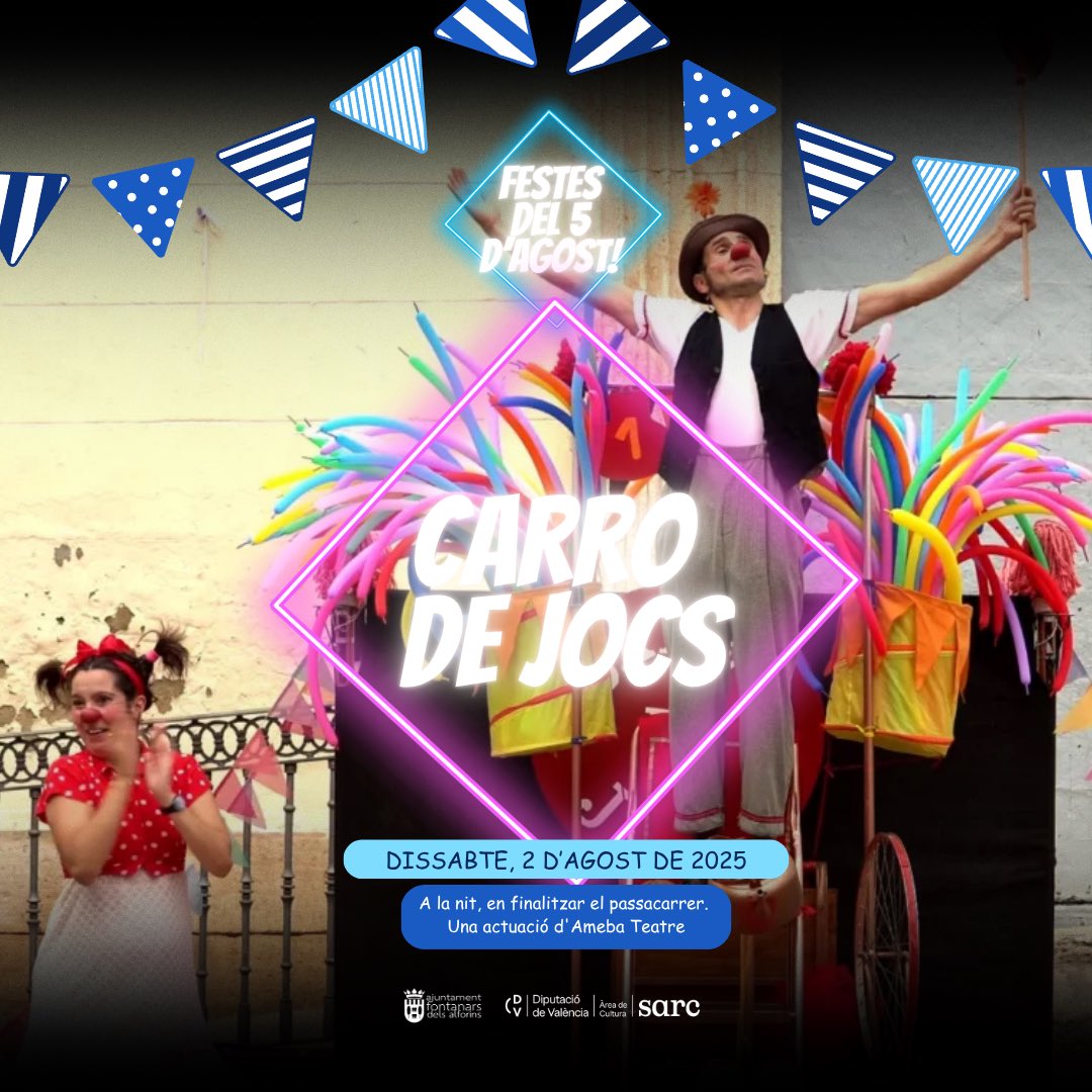 🥳🥂 FESTES DEL 5️⃣ D'AGOST | Quin cap de setmana ens espera!

🏘️ El 5 d'agost es commemoren els 98 anys de la segregació de Fontanars dels Alforins del poble veí, Ontinyent. ¡I ho celebrem aquest dissabte dia 2 d'agost!

Programció a les imatges.