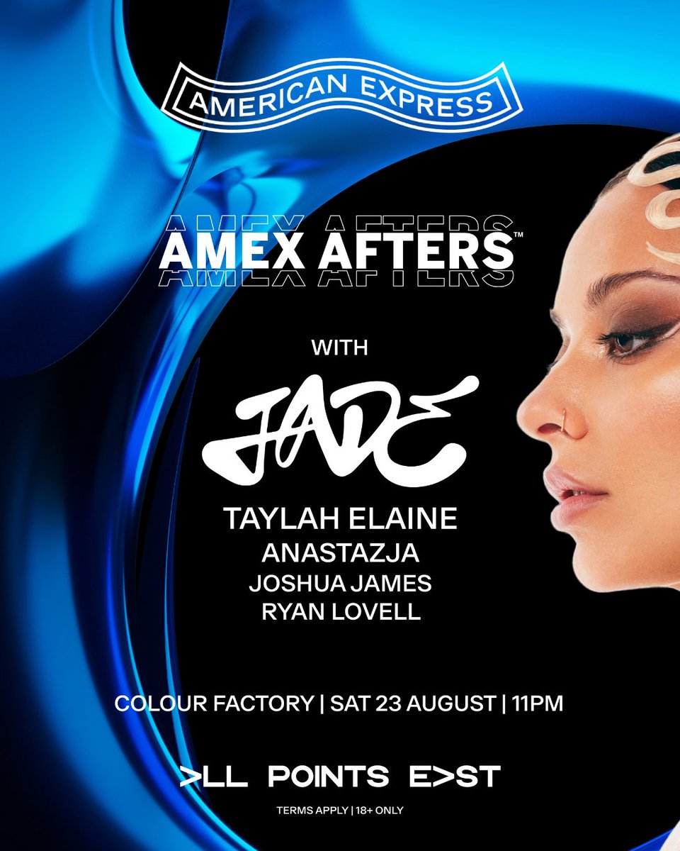 jadeupdatespt's tweet image. 🎤 JADE será a atração principal da festa oficial do All Points East, "Amex Afters", no dia 23 de agosto.
O evento será realizado na The Colour Factory.