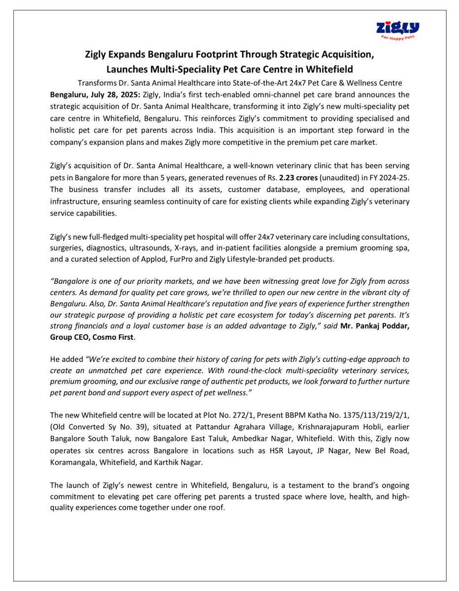 AimInvestments's tweet image. Zigly Acquires one more Animal Hospital, this time in Bengaluru
Planning to become Max/Fortis of Animal Hospitals. Acquiring companies pan India. Interesting.