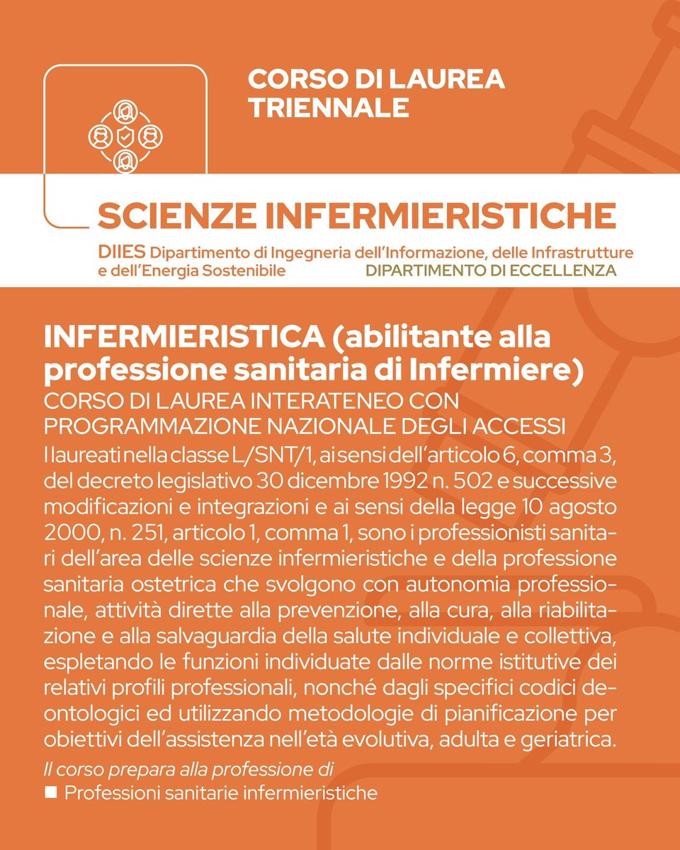 🎓 Corso di Laurea Triennale in Scienze Infermieristiche
🏛️ DIIES – Dipartimento di Ingegneria dell’Informazione, delle Infrastrutture e dell’Energia Sostenibile
Dipartimento di Eccellenza
🗓️ Anno Accademico 2025/2026

📌 Per tutte le informazioni:
unirc.it