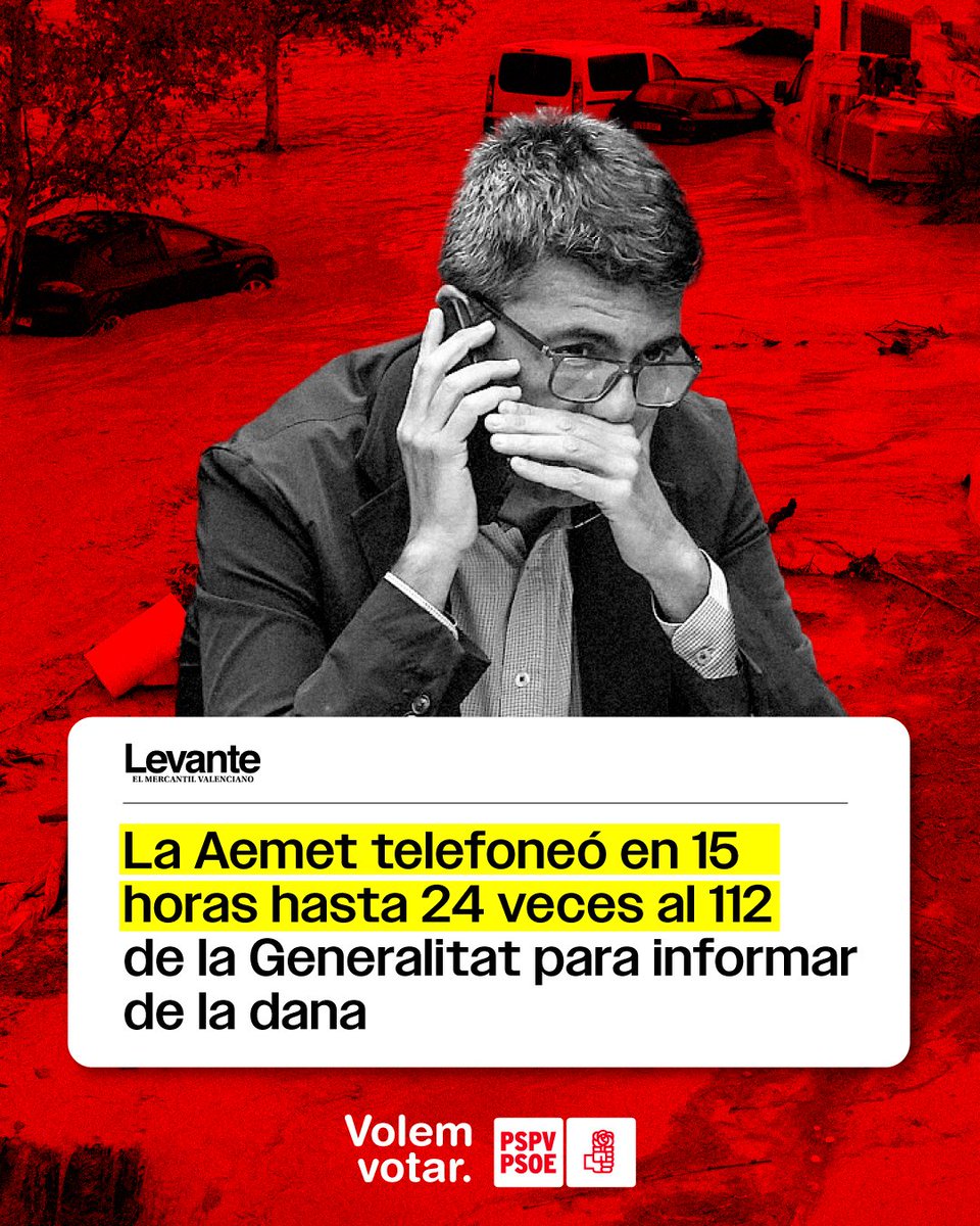 Les mentides del PP no taparan l'actuació negligent de Mazón el 29-O:
👉Aemet: 24 crides en 15 hores a Emergències
👉CHJ: 198 correus d'avís i informació cada 5 minuts.
👉Milers de crides al 112 que no es van atendre.

I mentrestant, Mazón en el Ventorro