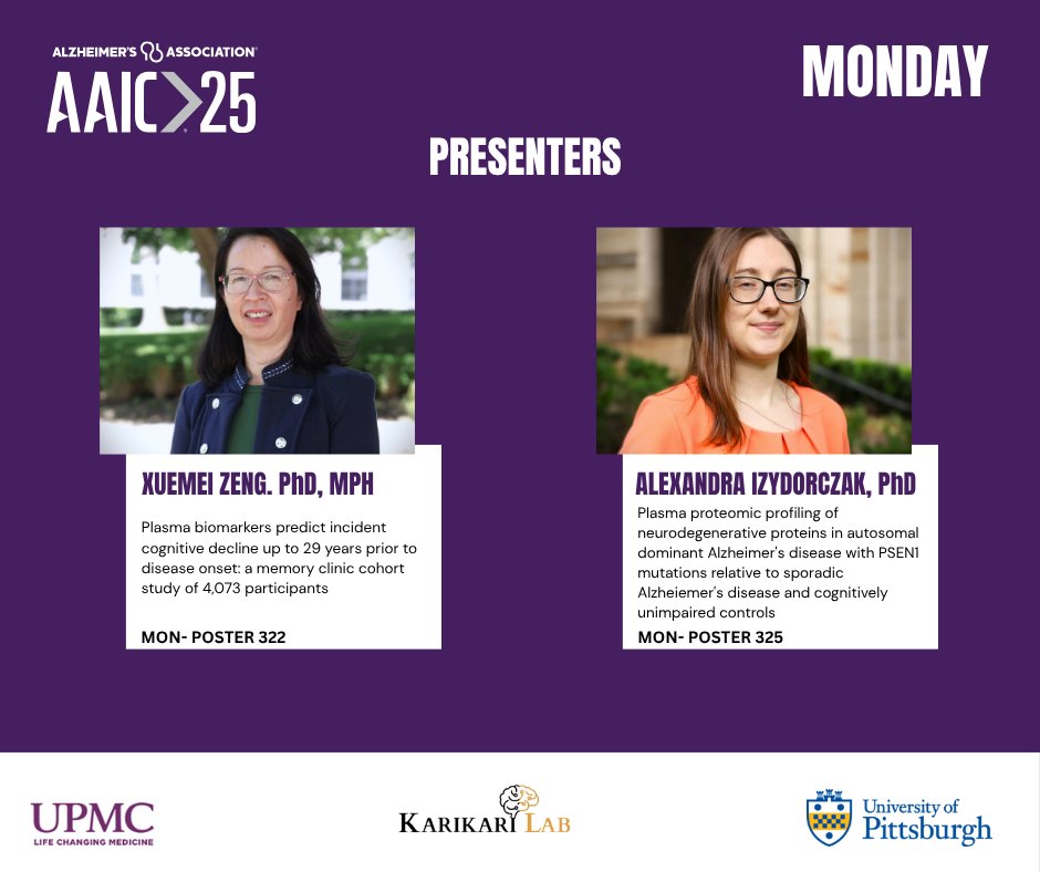kkarilab's tweet image. 📍Day 2 at #AAIC2025 — The Karikari Lab continues to shine!
Catch two exciting posters today:
🔹 Dr. Xuemei Zeng – Poster #322
"Plasma biomarkers predict incident cognitive decline up to 29 years prior to disease onset: a memory clinic cohort study of 4,073 participants".
🔹 Dr.…