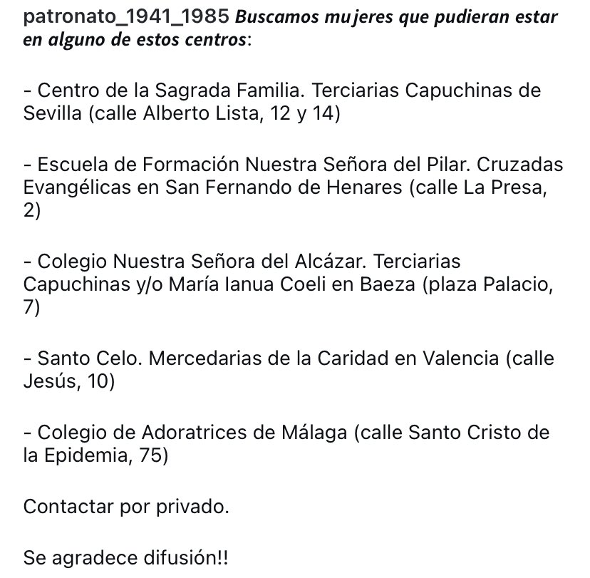 📢 Búsqueda de supervivientes de diferentes centros del Patronato de Protección a la Mujer📢 Se ruega difusión