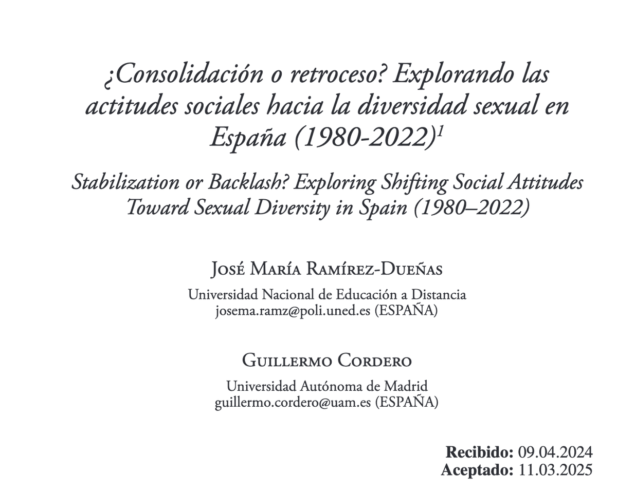 ¿Está retrocediendo el apoyo social a las personas LGTBIQ+ en nuestro país? La revista <a href="/RevistaEmpiria/">Empiria</a> nos publica un artículo donde analizamos la evolución de las actitudes hacia la homosexualidad entre 1980 y 2022.

Y no, no hay buenas noticias:
🔗 revistas.uned.es/index.php/empi…

🧵
