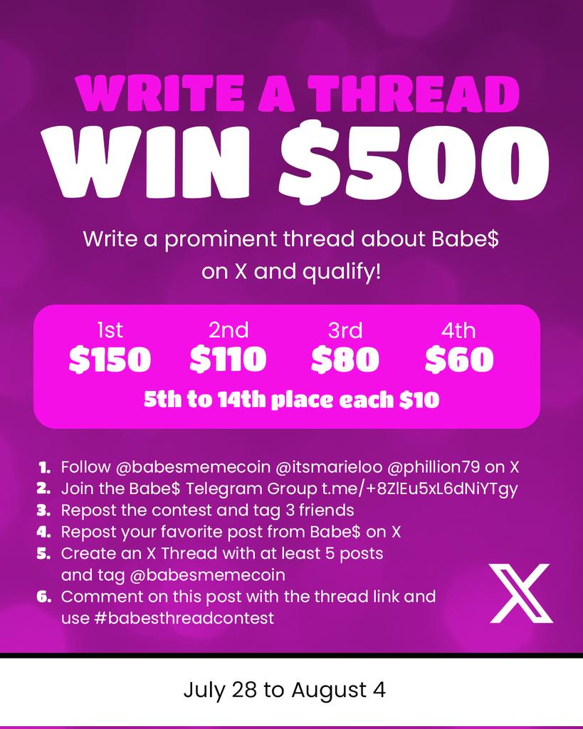 GET READY FOR THE $BABE THREAD CONTEST! 

$BABE is more than just a memecoin - it's a community-driven movement with real-world value and utility! 🌟 We're on a mission to build something special, and we want YOU to be a part of it! 💥

To celebrate our growing community and