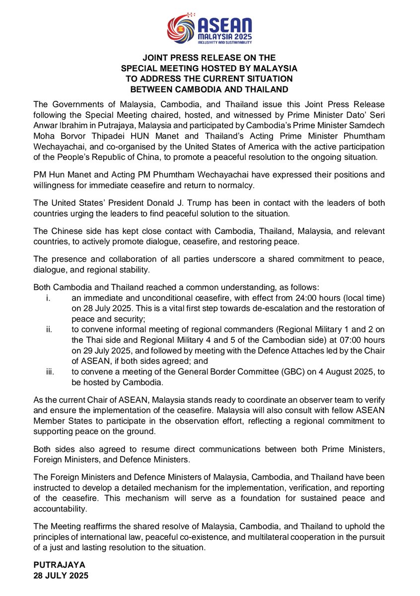 JOINT PRESS RELEASE ON THE SPECIAL MEETING HOSTED BY MALAYSIA TO ADDRESS THE CURRENT SITUATION BETWEEN CAMBODIA AND THAILAND