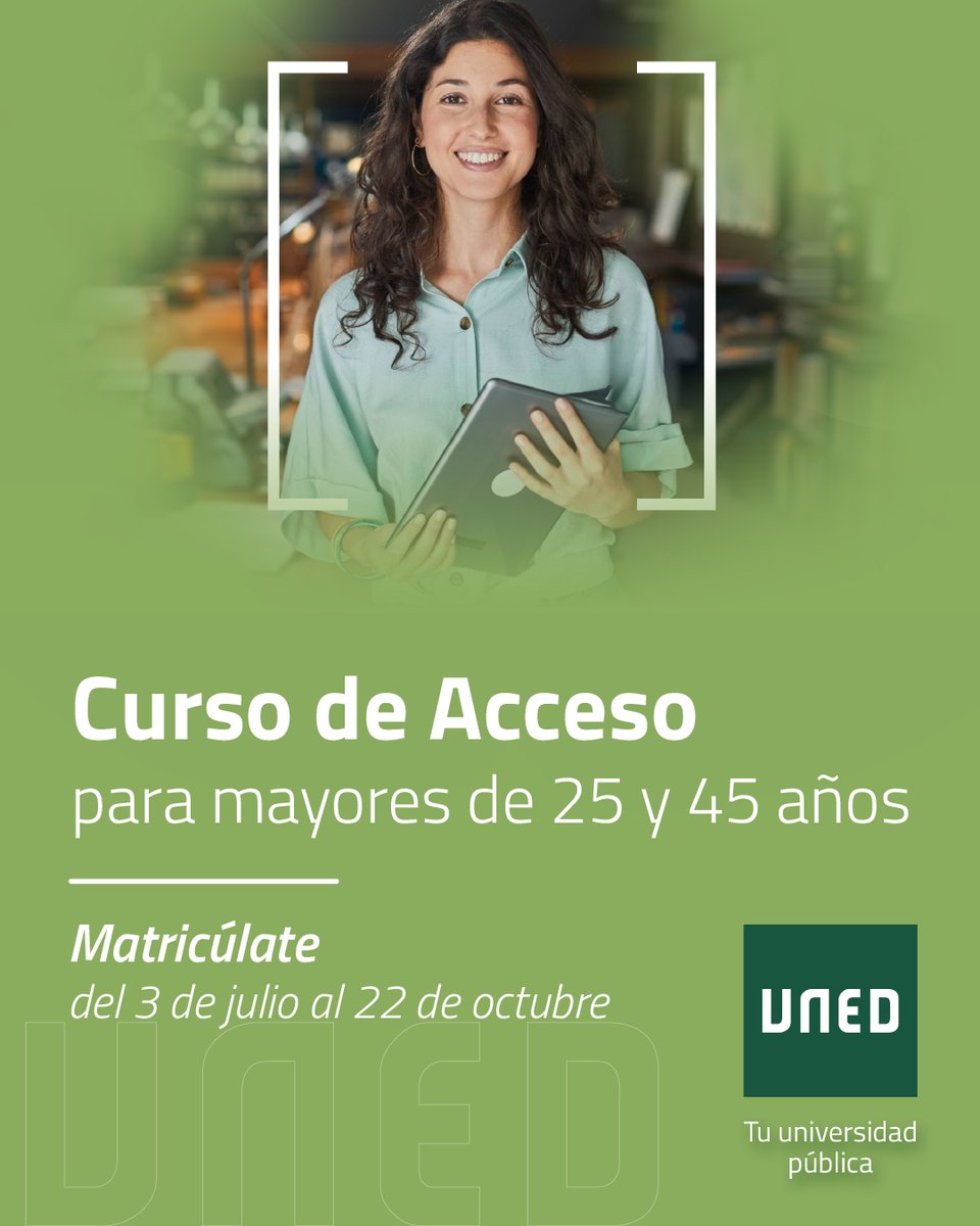 Nunca es tarde para abrir la puerta a un nuevo futuro, con más posibilidades, con un mayor conocimiento y con la certeza de empezar a convertirte en quien realmente quieres ser.
La UNED te ayuda a abrir esa puerta, con su curso de Acceso para mayores de 25 y 45 años.