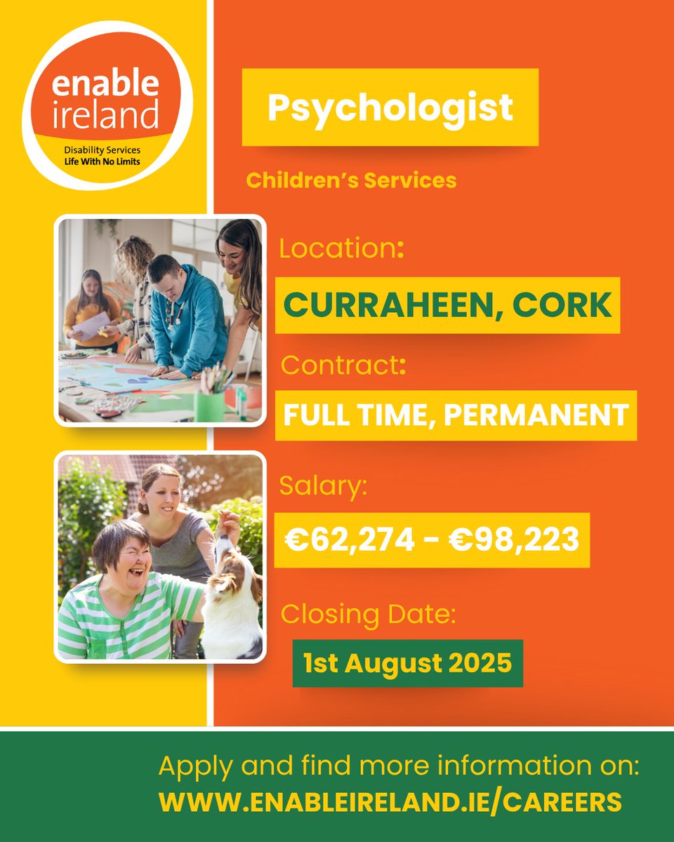 EnableIreland's tweet image. 🌟 New job openings! 🌟
We're hiring Speech & Language Therapists, Psychologists, Senior Physiotherapists, Social Workers, and more! We want highly-motivated individuals like you. Apply now: enable-ireland.rezoomo.com #JobVacancies #Vacancies #DisabilityMatters