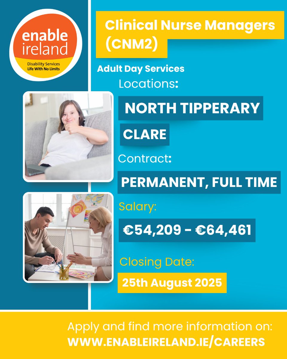 EnableIreland's tweet image. 🌟 New job openings! 🌟
We're hiring Speech & Language Therapists, Psychologists, Senior Physiotherapists, Social Workers, and more! We want highly-motivated individuals like you. Apply now: enable-ireland.rezoomo.com #JobVacancies #Vacancies #DisabilityMatters