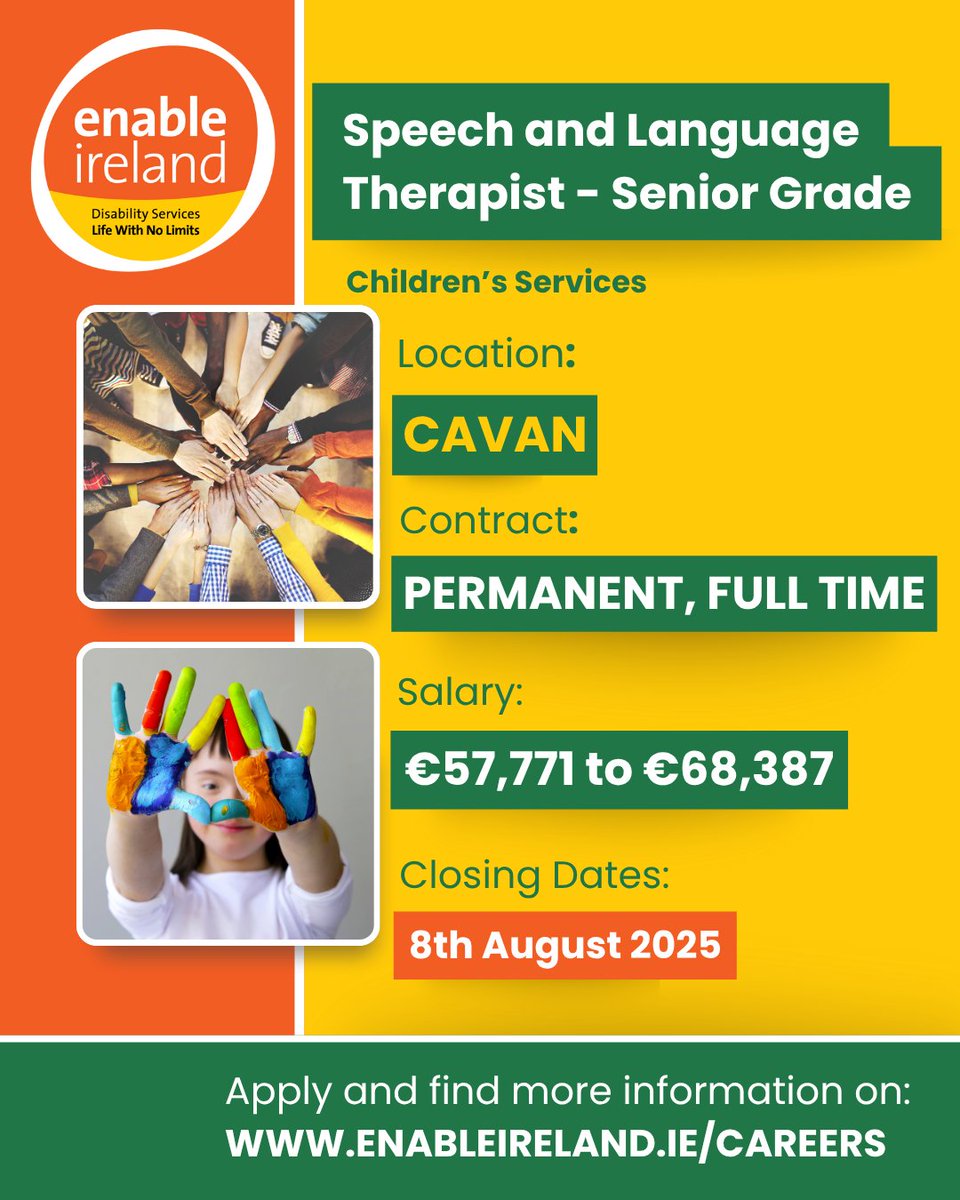 EnableIreland's tweet image. 🌟 New job openings! 🌟
We're hiring Speech & Language Therapists, Psychologists, Senior Physiotherapists, Social Workers, and more! We want highly-motivated individuals like you. Apply now: enable-ireland.rezoomo.com #JobVacancies #Vacancies #DisabilityMatters