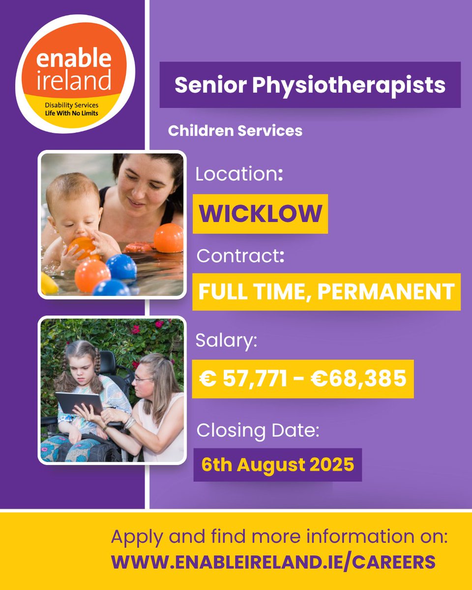 EnableIreland's tweet image. 🌟 New job openings! 🌟
We're hiring Speech & Language Therapists, Psychologists, Senior Physiotherapists, Social Workers, and more! We want highly-motivated individuals like you. Apply now: enable-ireland.rezoomo.com #JobVacancies #Vacancies #DisabilityMatters