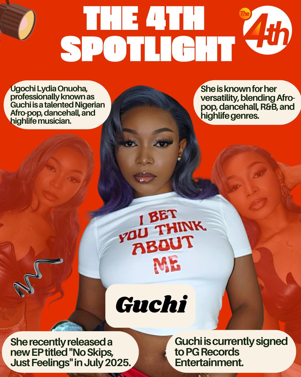 The 4th Ent (@the4thent_) on Twitter photo Artiste Spotlight: <a href="/Officialguchi/">Guchi ๐โก๏ธ</a> ๐๐งก
Ugochi Lydia Onuoha, known as Guchi, is a versatile Nigerian Afro-pop singer who gained prominence with her 2021 hit "Jennifer," which went viral on TikTok. Her music often explores themes of love and heartbreak, showcased in recent EPs Artiste Spotlight: <a href="/Officialguchi/">Guchi ๐โก๏ธ</a> ๐๐งก
Ugochi Lydia Onuoha, known as Guchi, is a versatile Nigerian Afro-pop singer who gained prominence with her 2021 hit "Jennifer," which went viral on TikTok. Her music often explores themes of love and heartbreak, showcased in recent EPs