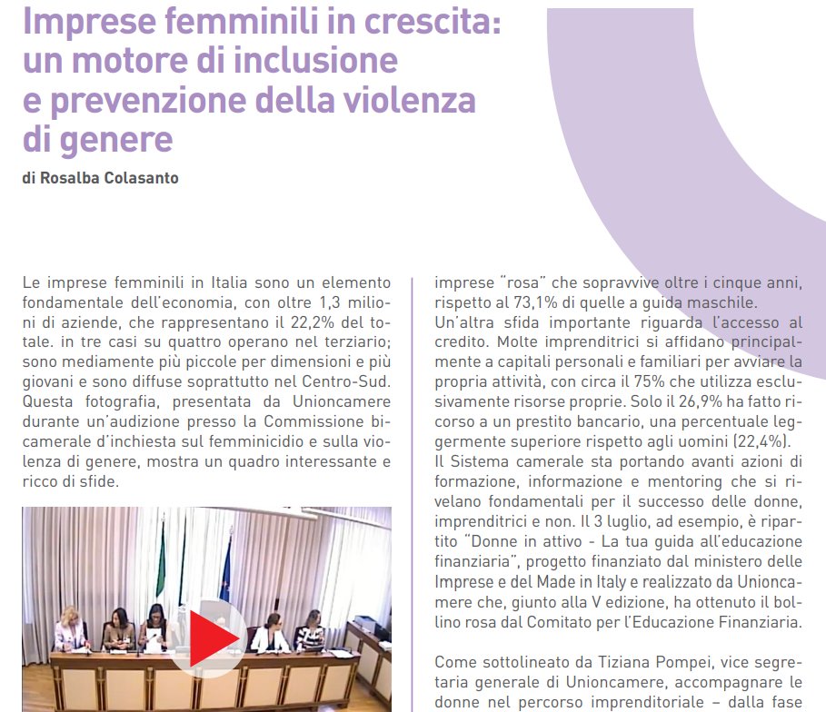 La fotografia delle imprese femminili presentata da Unioncamere durante l'audizione alla Commissione bicamerale d’inchiesta sul femminicidio e sulla violenza di genere nel nuovo n° di 'Economia&amp;Imprese' il magazine delle Camere di commercio d'Italia.
unioncamere.gov.it/sites/default/…