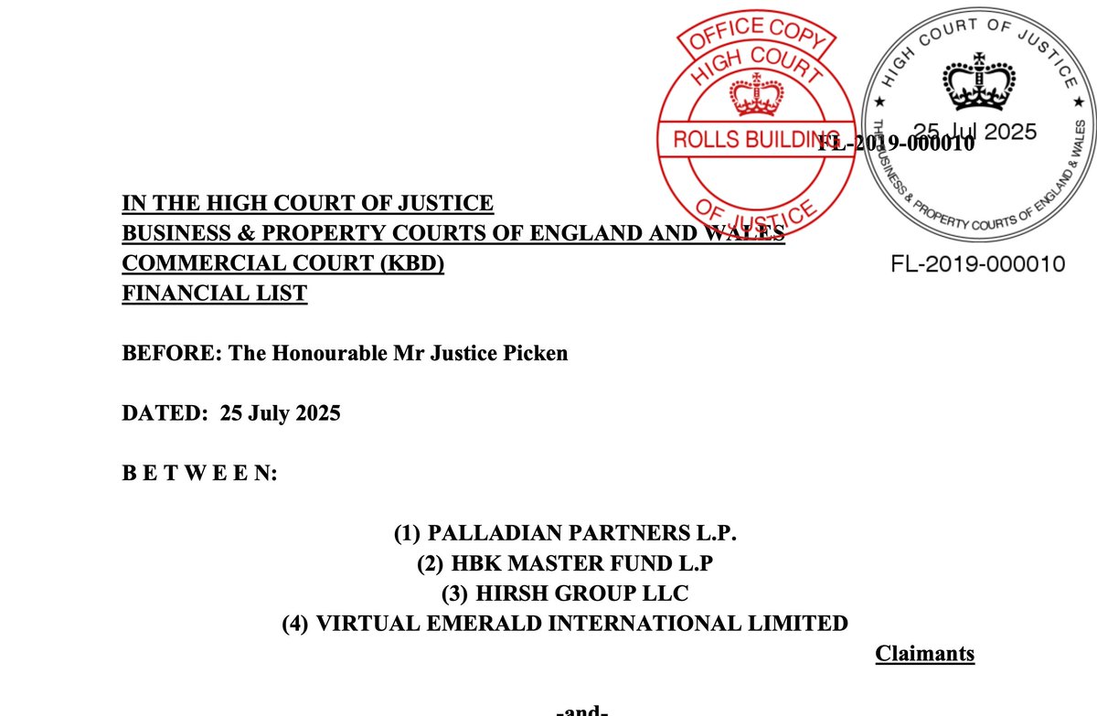 🔴Corte del Reino Unido el viernes habilitó ejecución del fallo por los Euros GDP Warrants contra Argentina. Actualiza el monto a USD 1.800 millones.

🔴UK Court on Friday cleared path for enforcement of Euro GDP Warrant Judgment against Argentina. Updates award to USD 1.8