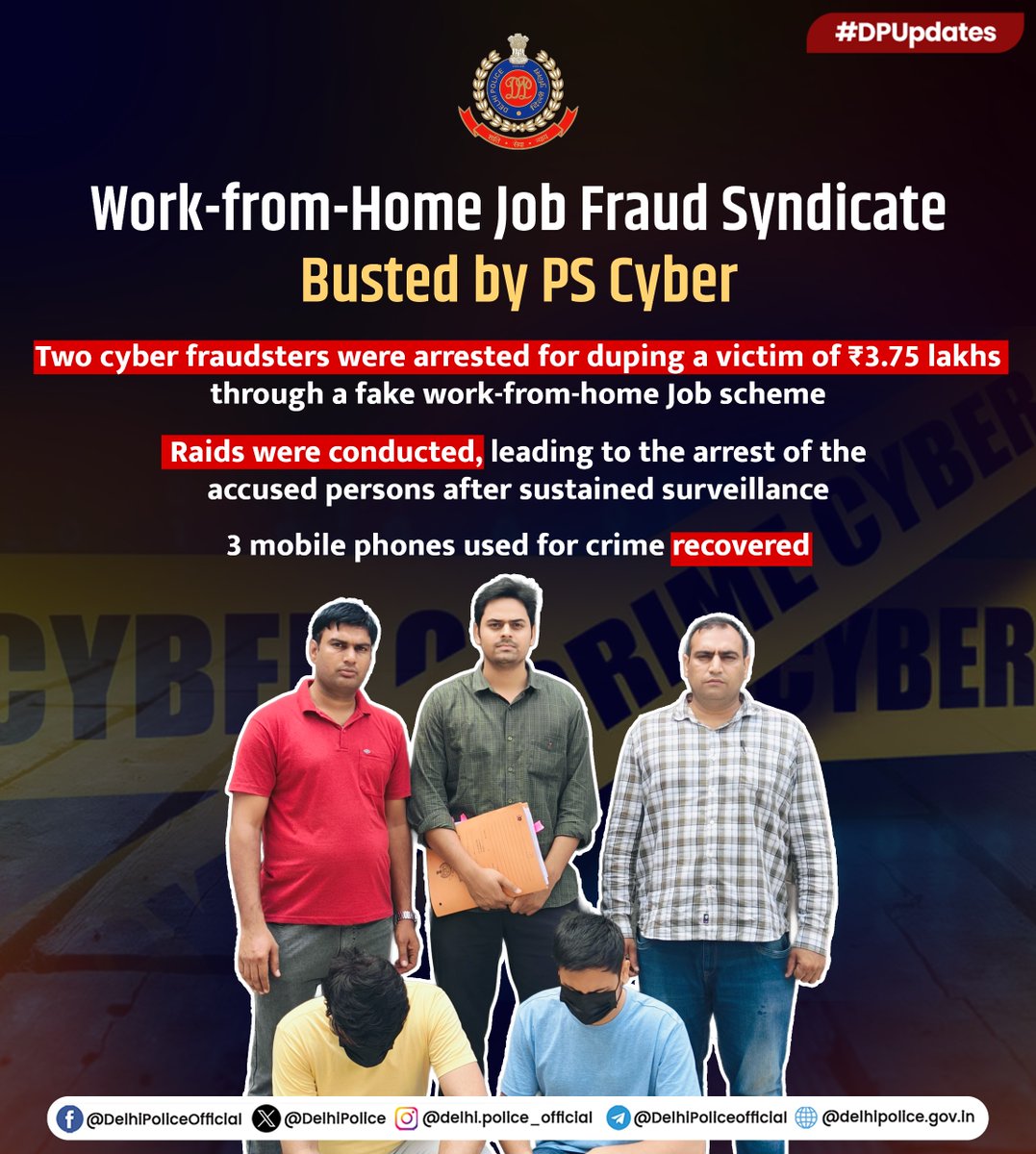 Delhi Police (@delhipolice) on Twitter photo Team of PS Cyber of <a href="/dcp_southwest/">DCP South West District</a> has arrested two fraudsters who duped complainant for ₹3.75 lacs.
Accused used to dupe individuals under the pretext of part-time online jobs and subsequently laundering the cheated money via cryptocurrency.
Complainant was asked by the Team of PS Cyber of <a href="/dcp_southwest/">DCP South West District</a> has arrested two fraudsters who duped complainant for ₹3.75 lacs.
Accused used to dupe individuals under the pretext of part-time online jobs and subsequently laundering the cheated money via cryptocurrency.
Complainant was asked by the