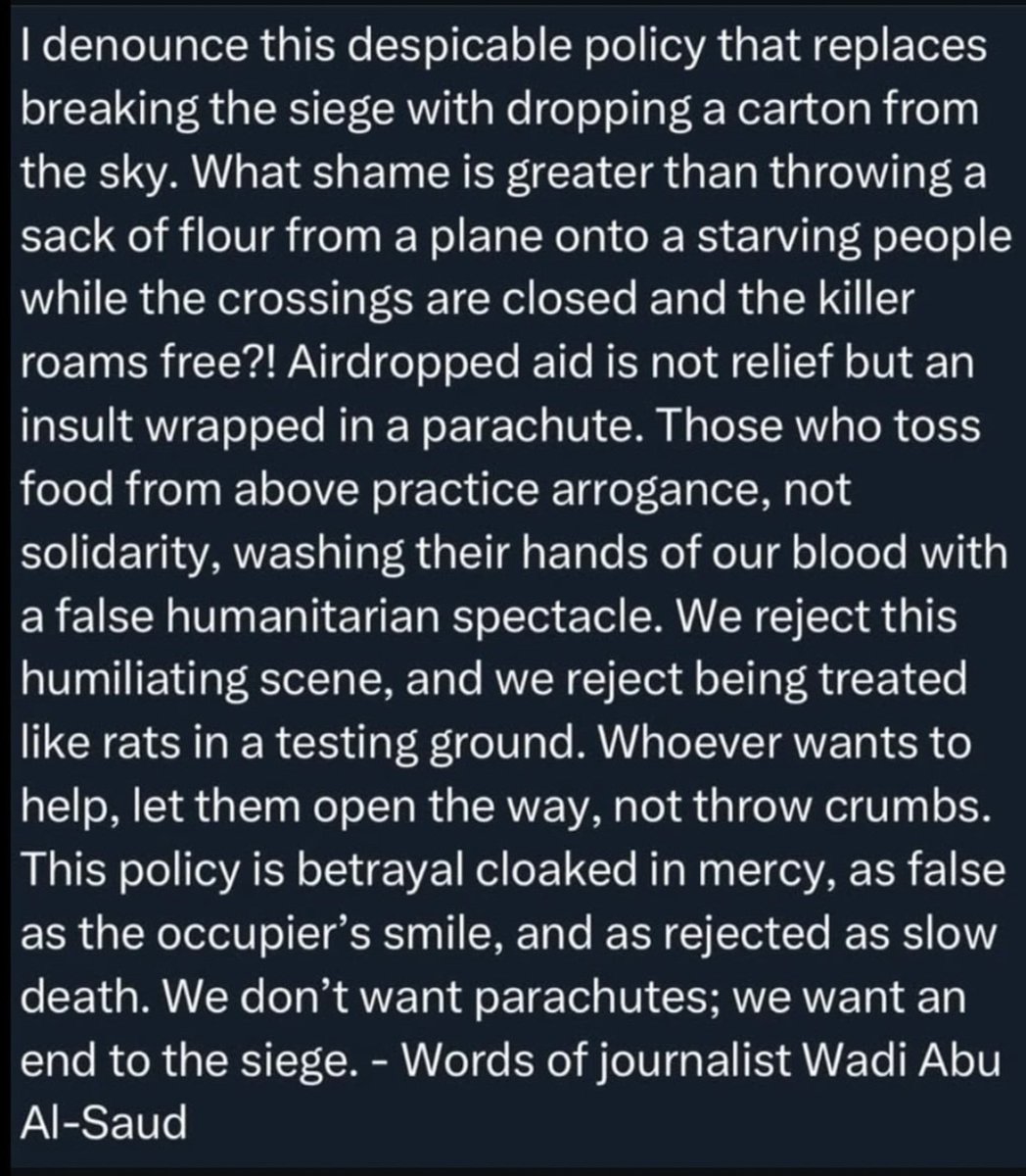 JenGLambie's tweet image. "An insult wrapped in a parachute"
#RecognisePalestineNOW
#PalistinianLiberation 🇵🇸