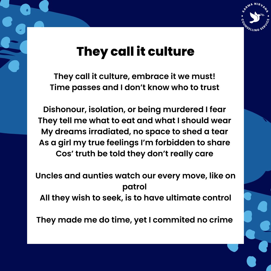 KNFMHBV's tweet image. This poem was written by one of our incredible counselling clients. Shared with courage, it reflects the strength, healing, and hope that can grow after experiencing Honour Based Abuse 💛

Read more about our counselling service - 🔗karmanirvana.org.uk/get-help/karma…

#HonourBasedAbuse…
