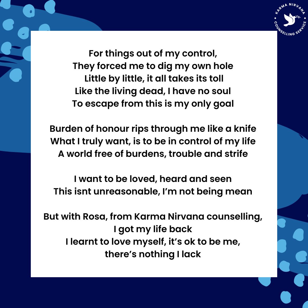 KNFMHBV's tweet image. This poem was written by one of our incredible counselling clients. Shared with courage, it reflects the strength, healing, and hope that can grow after experiencing Honour Based Abuse 💛

Read more about our counselling service - 🔗karmanirvana.org.uk/get-help/karma…

#HonourBasedAbuse…
