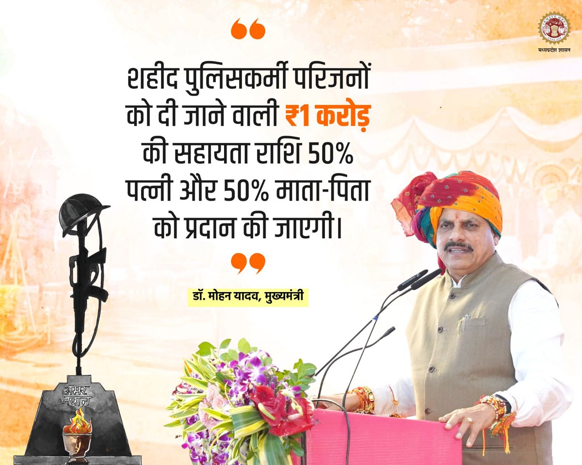 mohdept's tweet image. शहीद पुलिसकर्मी परिजनों को दी जाने वाली 1 करोड़ रुपए की सहायता राशि 50% पत्नी और 50% माता-पिता को प्रदान की जाएगी: डॉ. मोहन यादव, मुख्यमंत्री

@DrMohanYadav51 @DGP_MP #JansamparkMP  #PoliceMP