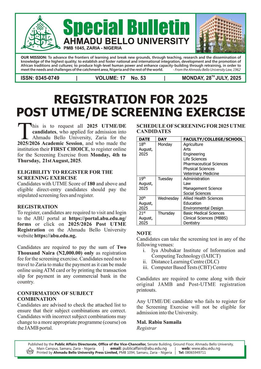 Directorate of University Advancement, ABU Zaria (@abuzaria_dua) on Twitter photo Registration for 2025 Post UTME/DE Screening Exercise <a href="/TheAbusite/">The Abusites™</a> <a href="/abuzaria4all/">Ahmadu Bello University Zaria</a> Registration for 2025 Post UTME/DE Screening Exercise <a href="/TheAbusite/">The Abusites™</a> <a href="/abuzaria4all/">Ahmadu Bello University Zaria</a>