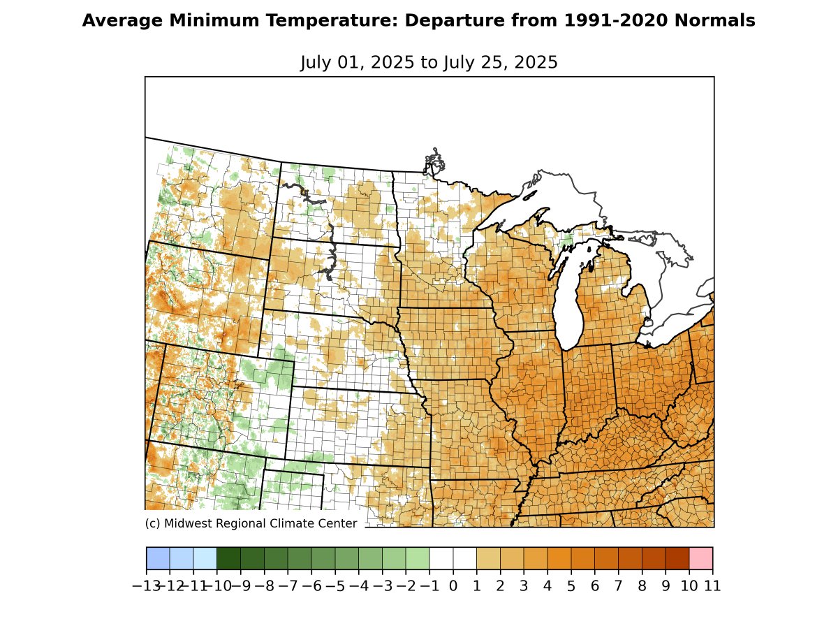 SusanNOBULL's tweet image. To put the heat of the past several weeks into perspective, here are departure maps for high and low temps so far in July
While the eastern half of the US has seen above-normal daytime temps, nighttime temps are where the real anomaly is 🥵