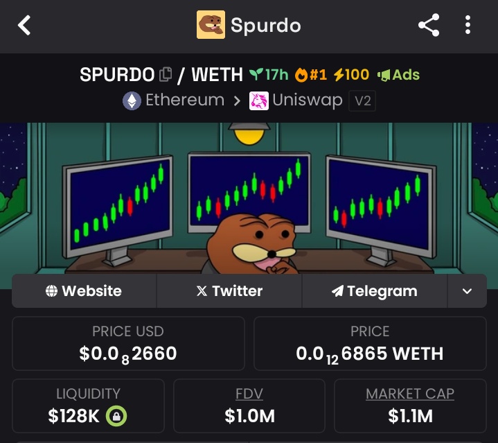 cryptoraiyan's tweet image. $SPURDO 🐻
Only 17 hours old and already pulling eyes. Sitting at a $1.1M market cap, still fresh.
It’s a pure meme play, no fluff — but don’t be fooled.
Community’s loud, investors stepping in early, and the vibes? Strong.
Sometimes it’s not about utility — it’s about culture.