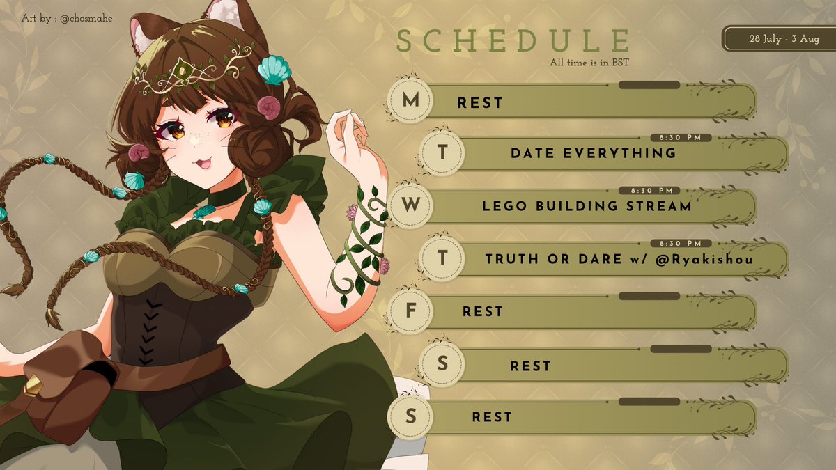 yukaaVT's tweet image. 🌿 STREAM SCHEDULE THIS WEEK 🌿
╰┈➤ 28th July - 3rd August
TUESDAY — Date Everything!
WEDNESDAY — Hand cam Lego building stream!
THURSDAY — Truth or Dare stream with @Ryakishou!