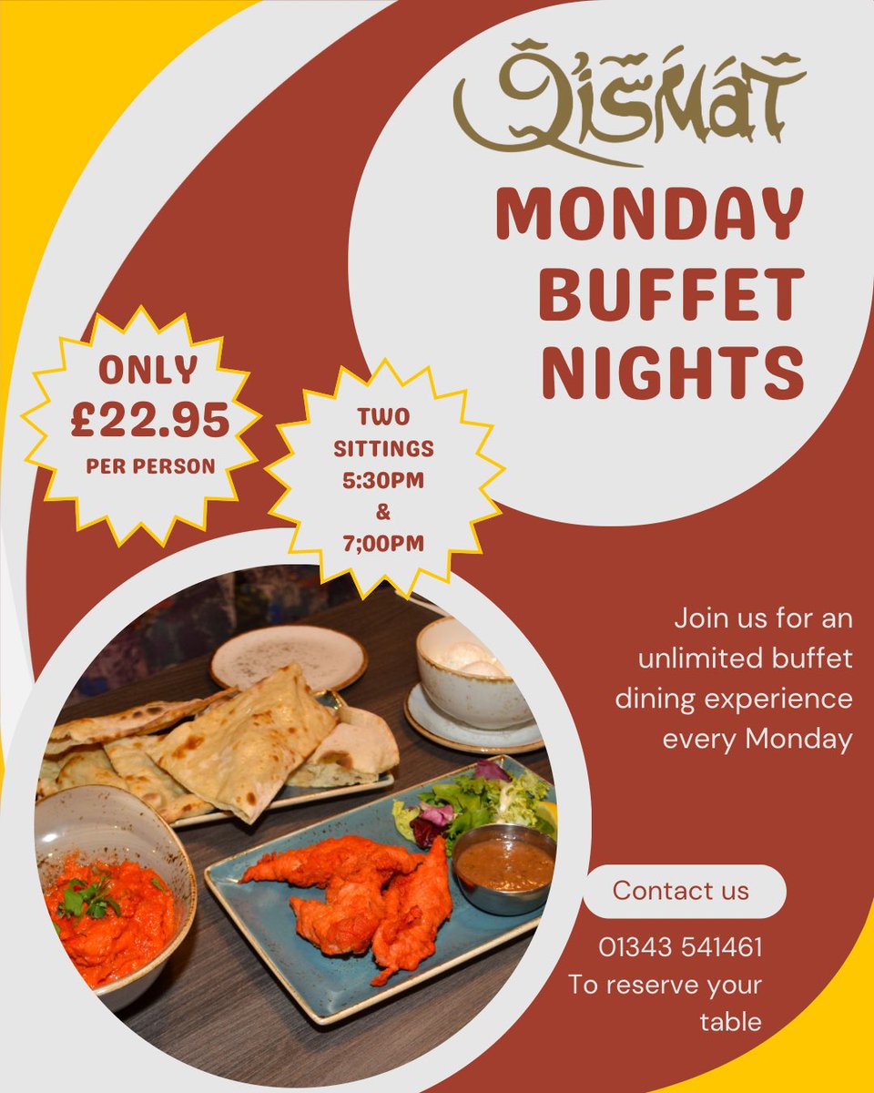 🌟 BUFFET NIGHT TONIGHT! 🌟
What better way to spend your Monday evening than with a delicious unlimited buffet at Qismat? 🍛🍗🍽

The kids are on summer holidays, so treat the whole family to a relaxed night out with amazing food and no cooking or dishes to worry about!