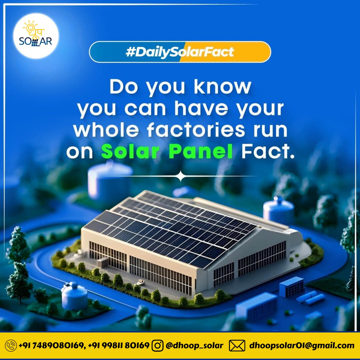🏭☀️ Power Your Entire Factory with the Sun!
Yes, it’s possible — and it’s happening!
Switch to solar panels and reduce your electricity bills while increasing your sustainability.
.
#DhoopSolar #solar #SolarEnergy #FreeElectricity #GoGreen #SolarSavings #GreenEnergy #SolarPower