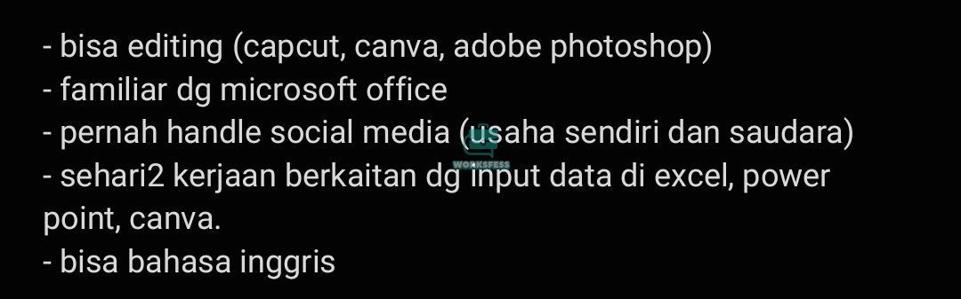 worksfess's tweet image. looking for sampingan work!
pekerjaan utama :  8-5 senin sampai jumat
kriteria pekerjaan : apa aja asal halal dan fleksibel jam/harinya
berikut skill &amp;amp; sdkt pengalaman sender:
