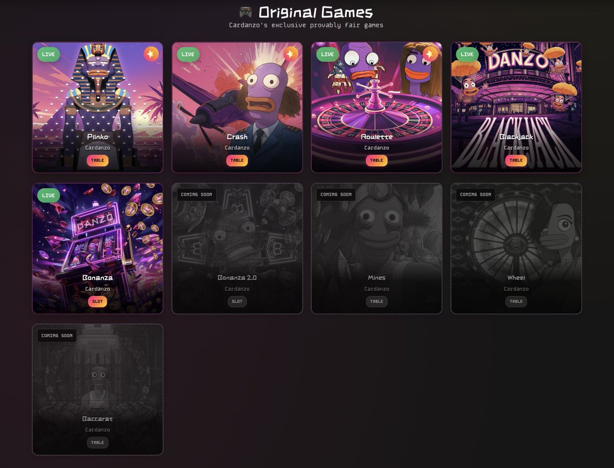 DanZoADA's tweet image. Just to inform everyone
One year ago, we launched with a single game (Slots) and had eight more sitting in greyed‑out “Coming Soon” tiles.
With PLINKO coming next week, we’ll have fulfilled 5 of the 9 games promised on our roadmap.
Here’s our reassurance: we WILL deliver…