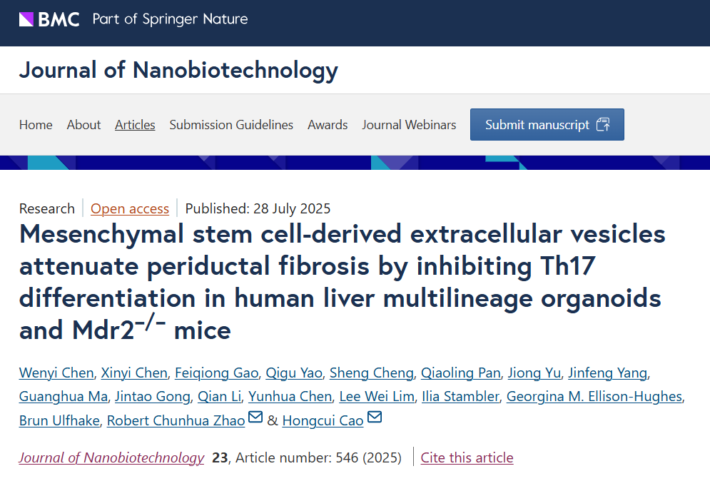 Glad our joint article “Mesenchymal stem cell-derived extracellular vesicles attenuate periductal fibrosis” is now published in Journal of Nanobiotechnology doi.org/10.1186/s12951… 
This brings the number of my academic publications to 82 (79 published, and 3 in press).