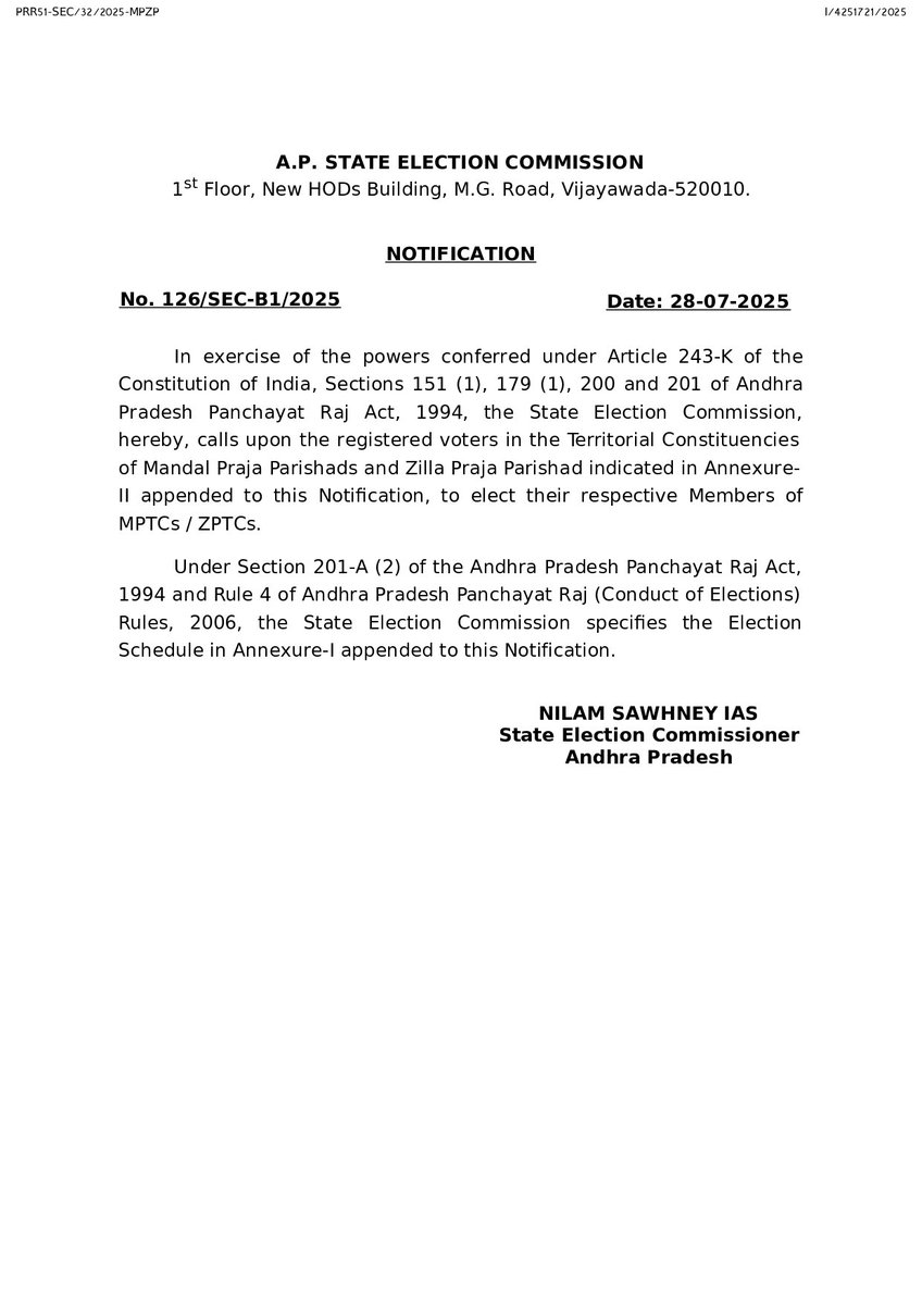 AndhraXpress's tweet image. పులివెందుల, ఒంటిమిట్ట ZPTC స్థానాల ఉపఎన్నికకు నోటిఫికేషన్ విడుదల
30వ తేదీ నుంచి 1వ తేదీ వరకు నామినేషన్లు, ఆగస్టు 12న పోలింగ్, 14న కౌంటింగ్
ఉప ఎన్నికల నోటిఫికేషన్ విడుదల చేసిన రాష్ట్ర ఎన్నికల కమిషన్
#ApNow