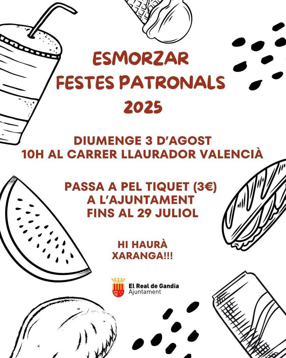 Demà 𝐮́𝐥𝐭𝐢𝐦 𝐝𝐢𝐚 per a traure el tiquet per a l’esmorzar d’aquest diumenge. 
Passa per l’Ajuntament👆