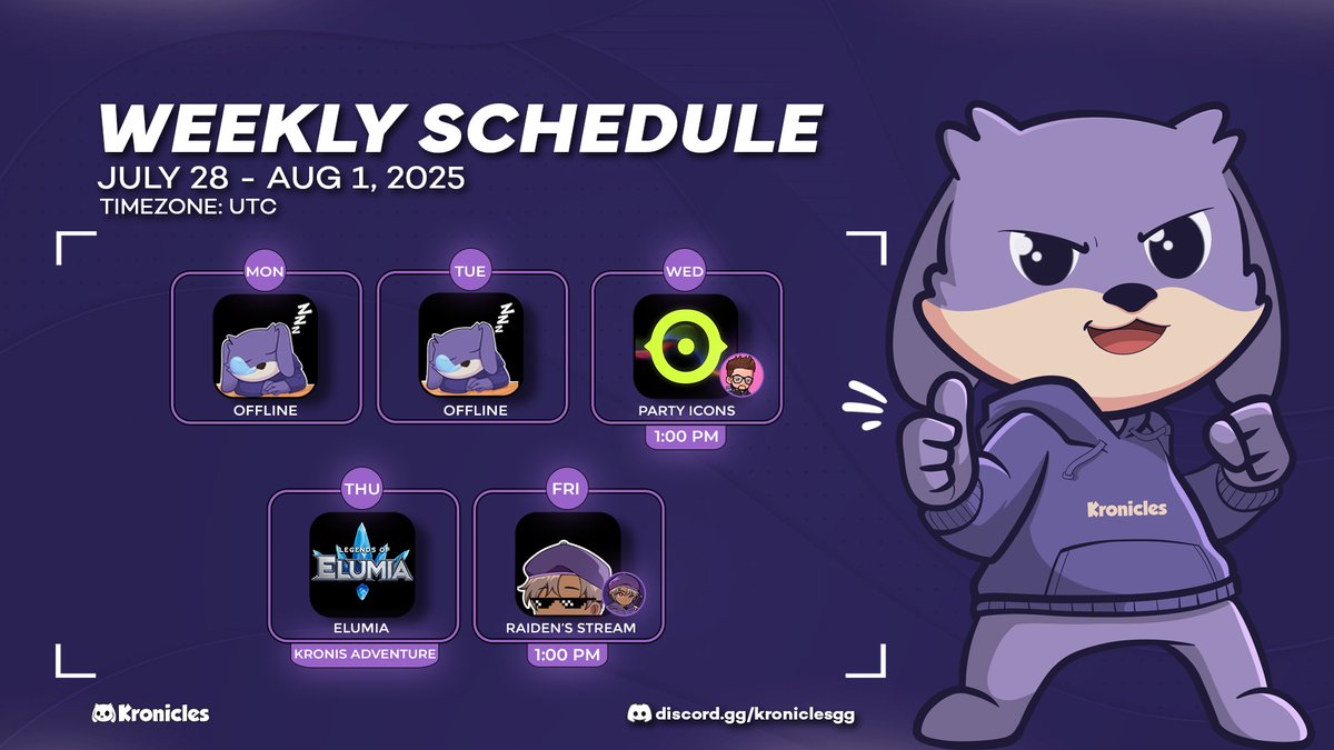 Kronicles (@kroniclesgg) on Twitter photo Live on Kronicles this week:
Wednesday: <a href="/PartyIconsOGX/">PARTY ICONS</a> - by <a href="/fsgabskrn/">Gabs</a>
Thursday: <a href="/PlayElumia/">Legends of Elumia</a> - Kronis Adventure
Friday: Stream - by <a href="/raidenkrn/">Raiden</a>
join us! Live on Kronicles this week:
Wednesday: <a href="/PartyIconsOGX/">PARTY ICONS</a> - by <a href="/fsgabskrn/">Gabs</a>
Thursday: <a href="/PlayElumia/">Legends of Elumia</a> - Kronis Adventure
Friday: Stream - by <a href="/raidenkrn/">Raiden</a>
join us!