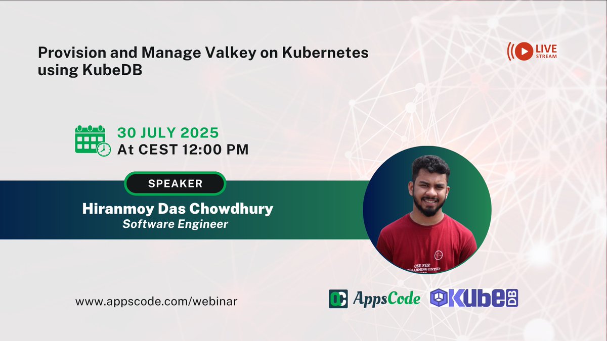 AppsCodeHQ's tweet image. Webinar Alert: Provision and Manage Valkey on Kubernetes using KubeDB 🚀 
📅 When: 30 July 2025, CEST 12:00 PM
🔗 Register now: appscode.com/webinar/
#AppsCode #KubeDB #Valkey #Kubernetes