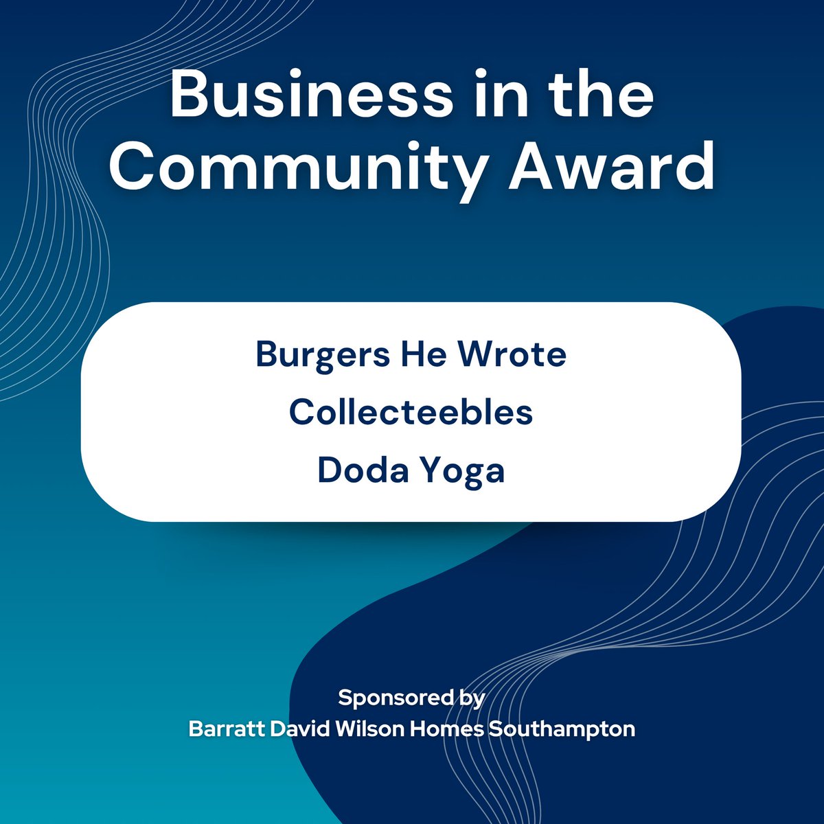 🎉 Business in the Community Finalists Revealed!

Sponsored by Barratt David Wison Homes Southampton.

👏 Congratulations to:
🔹 Burgers He Wrote
🔹 Collecteebles
🔹 Doda Yoga

👉 See all the finalists here: tvbawards.org.uk
#TVBA2025 #TestValleyBusinessAwards