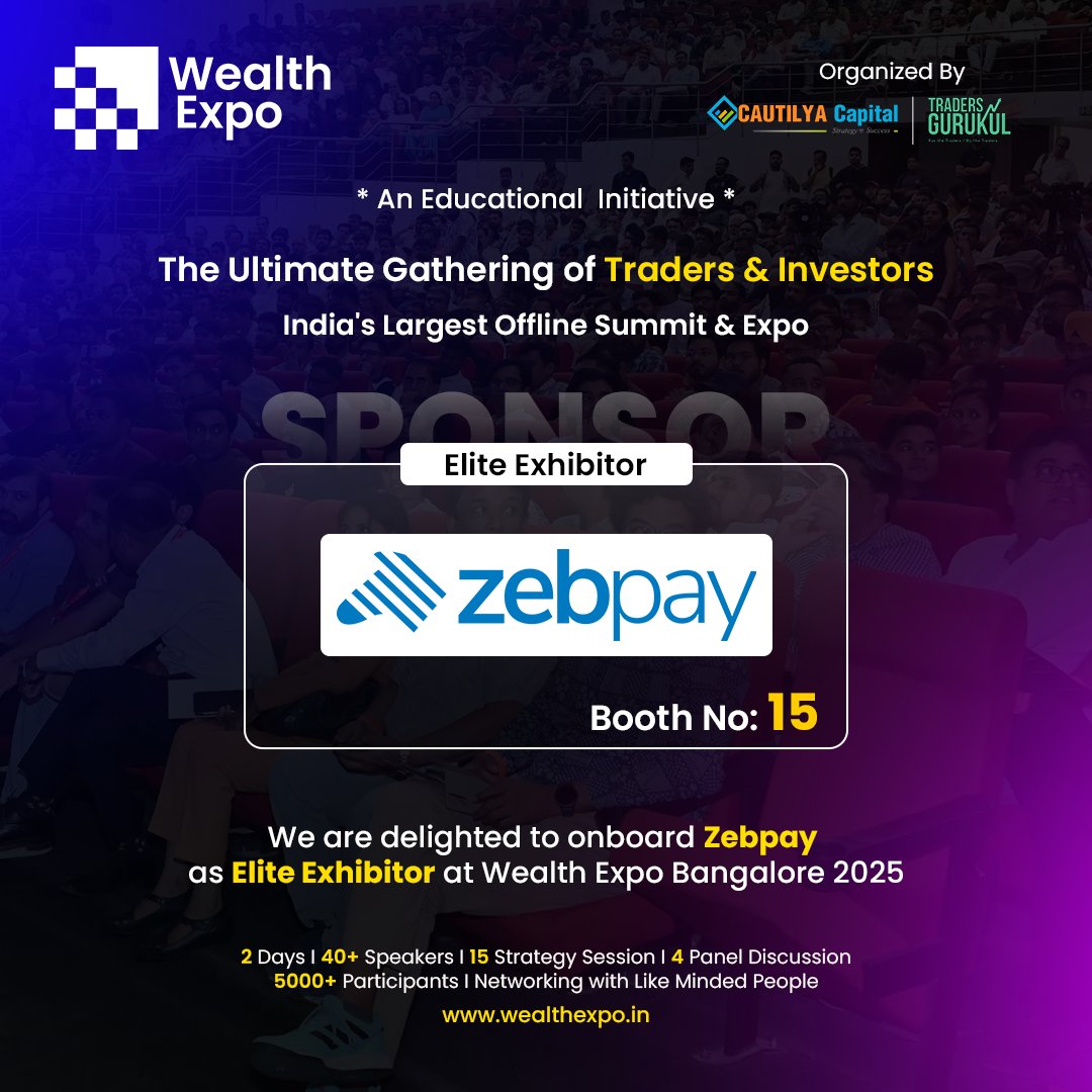 We are delighted to onboard <a href="/zebpay/">ZebPay</a>  as Elite Exhibitor at WEALTH EXPO Bangalore 2025 .

📍𝐁𝐨𝐨𝐭𝐡 15

We would like to extend our warmest welcome at WEALTH EXPO Bangalore 2025, India's largest and the most enriching offline conference for Traders &amp; Investors.

WEALTH EXPO