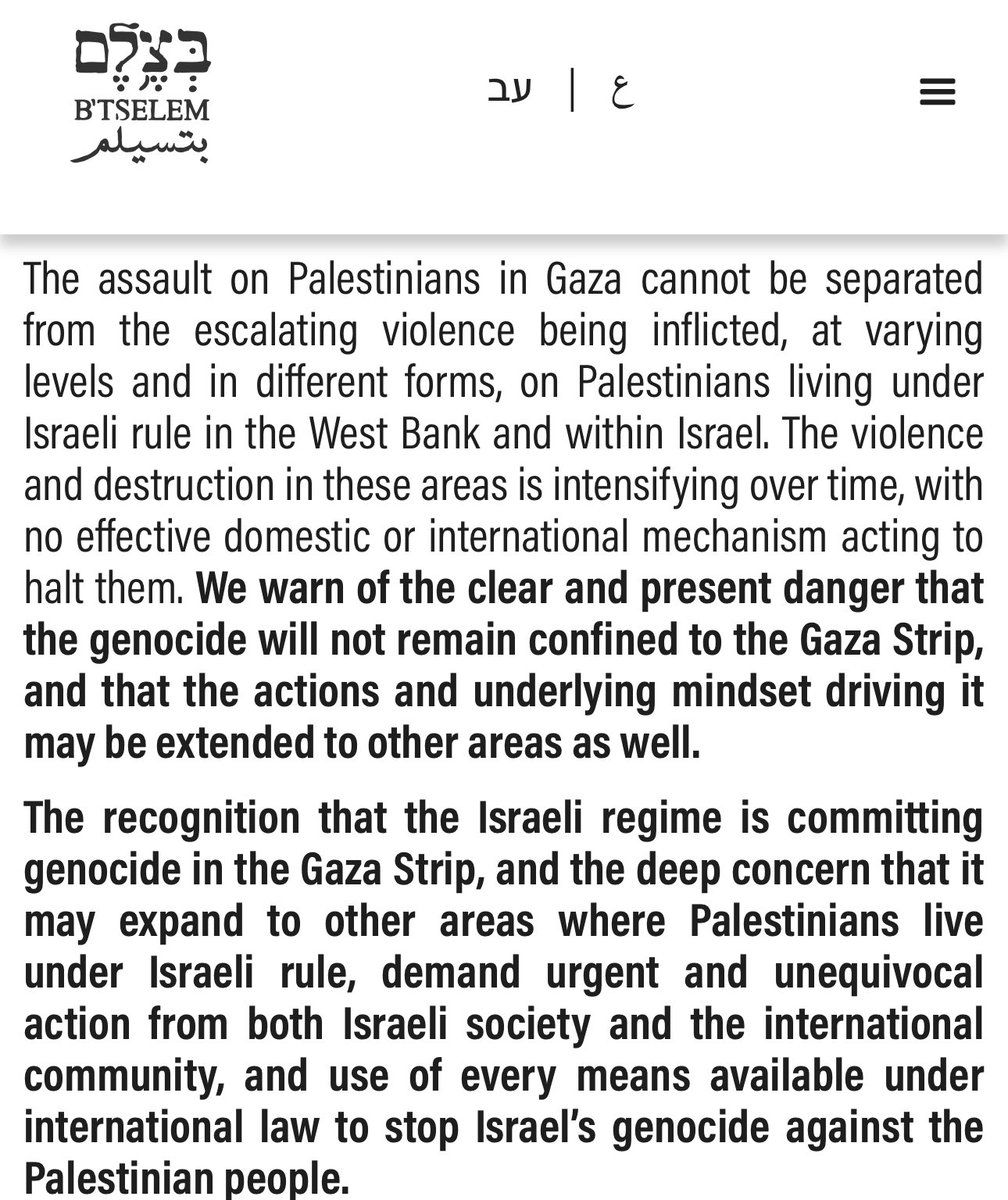 ⚡️🇵🇸🇮🇱BREAKING: The Israeli Information Center for Human Rights B'Tselem admits the genocide in Gaza being committed by Israel:

“Israel is committing genocide in Gaza.

It sounds inconceivable. But it’s the truth.

Israel is taking deliberate, coordinated action to destroy the