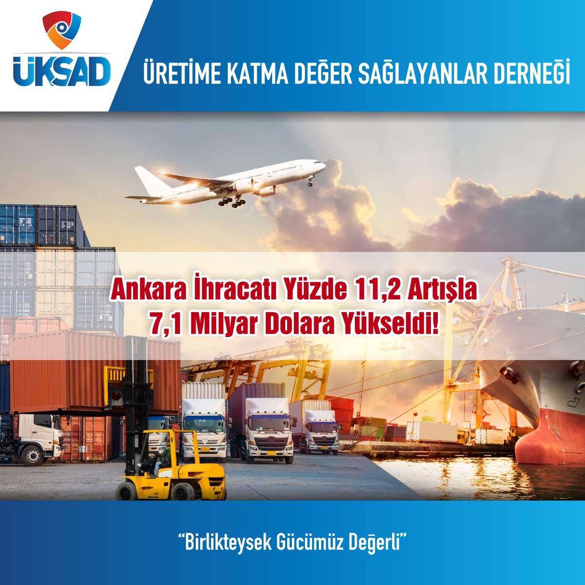 ÜKSAD - Üretime Katma Değer Sağlayanlar Derneği kuruluş ana amacı olan katma değerli üretimi ve ihracatı destekleme konusunda yurt içi ve yurt dışı faaliyetlerine hız kesmeden devam etmektedir.
-
Ankara'mız ilk altı ay için açıklanan ihracat artış verileri kapsamında Türkiye