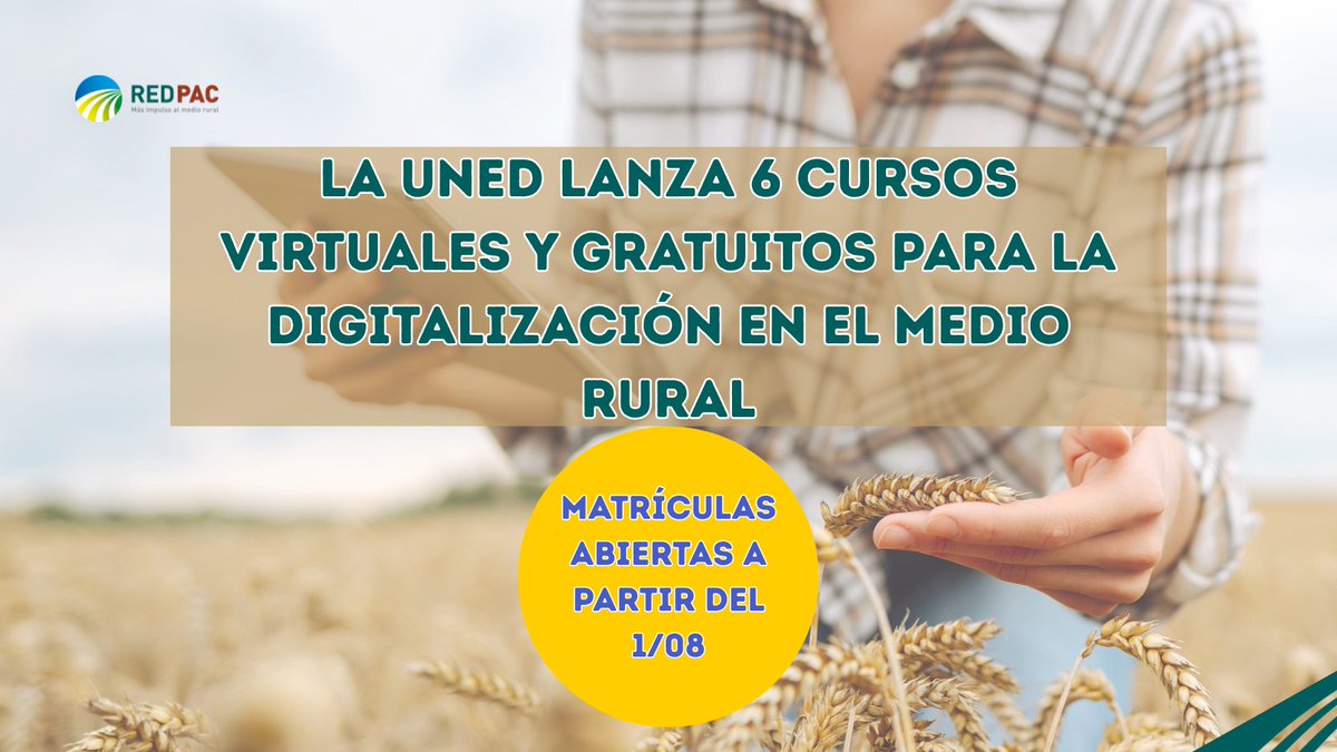 💻La <a href="/UNED/">UNED</a> lanza la iniciativa "La inclusión digital rural: un avance social" dentro del programa Reto Rural Digital
6️⃣cursos virtuales y gratuitos orientados a la #Digitalización del medio rural
🗓️MATRÍCULA ABIERTA A PARTIR DEL 1/08
➕INFO: tinyurl.com/yak3wmcn