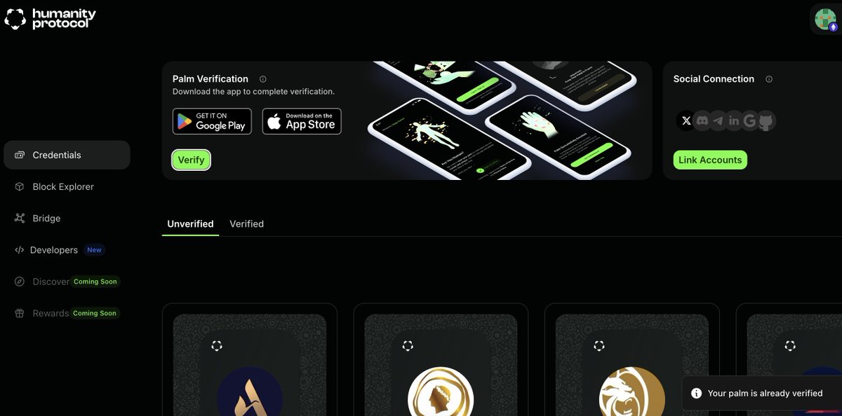 Neelamchowdary's tweet image. signed up on @Humanityprot today
smooth UX, clean interface and the palm scan worked instantly
A privacy-first identity protocol where you can prove your uniqueness, protect your identity and participate in the digital economy with trust, privacy and full control
will be…