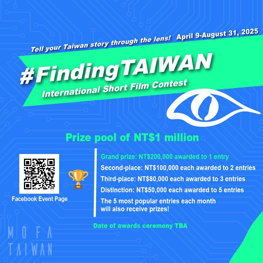 Taiwan_in_RSA's tweet image. 🚨Attention content creators!
#FindingTAIWAN International Short Film Contest 🏆
We’re inviting you to capture through the lens what #Taiwan means to you in your own way. Prize pool for the contest totals NT$1 million 💰
reurl.cc/XQVnY0